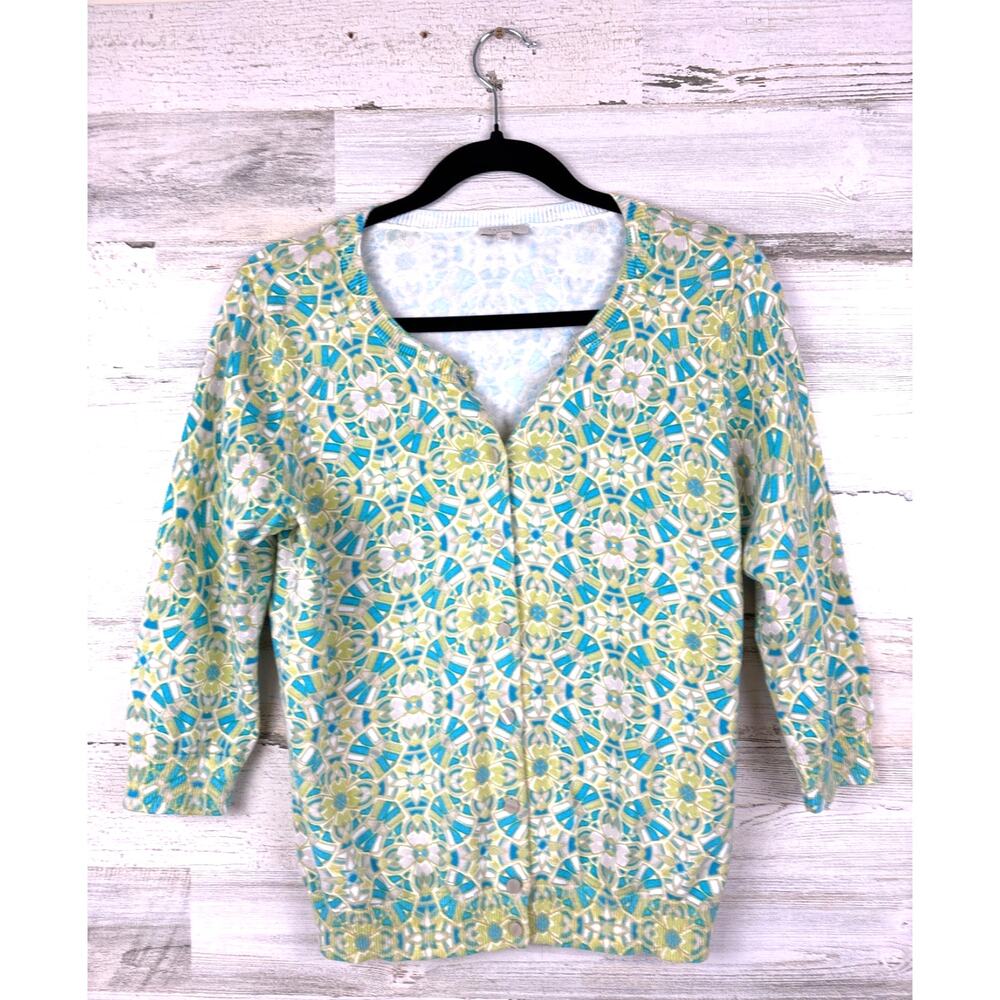 Talbots Womens L Petites Green Blue Abstract Cotton Button Up Cardigan Sweater